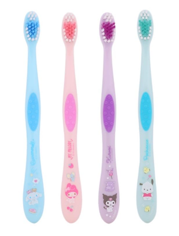 Front view of four cute character toothbrushes with compact heads for kids