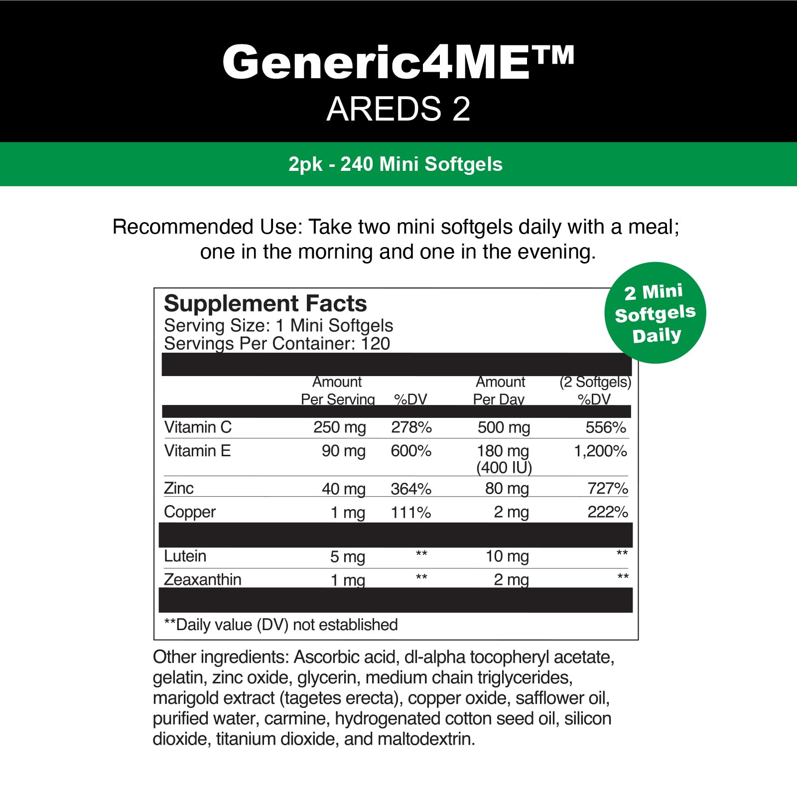 Supplement facts panel for Generic4ME AREDS 2 SoftGels