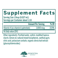 Label close-up of Genestra A-Mulsion Vitamin A Liquid 1 oz Citrus