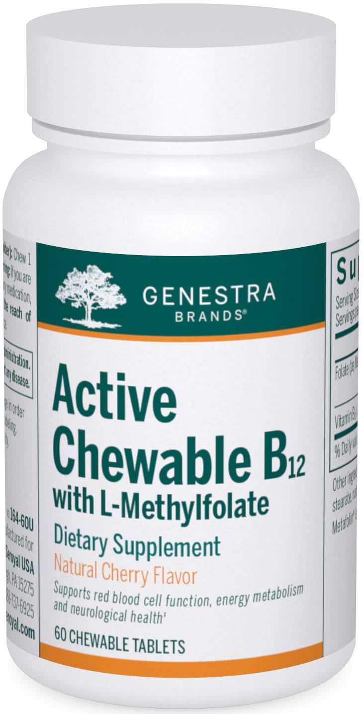 Genestra Active B12 with L-Methylfolate chewable tablets cherry flavor – front view