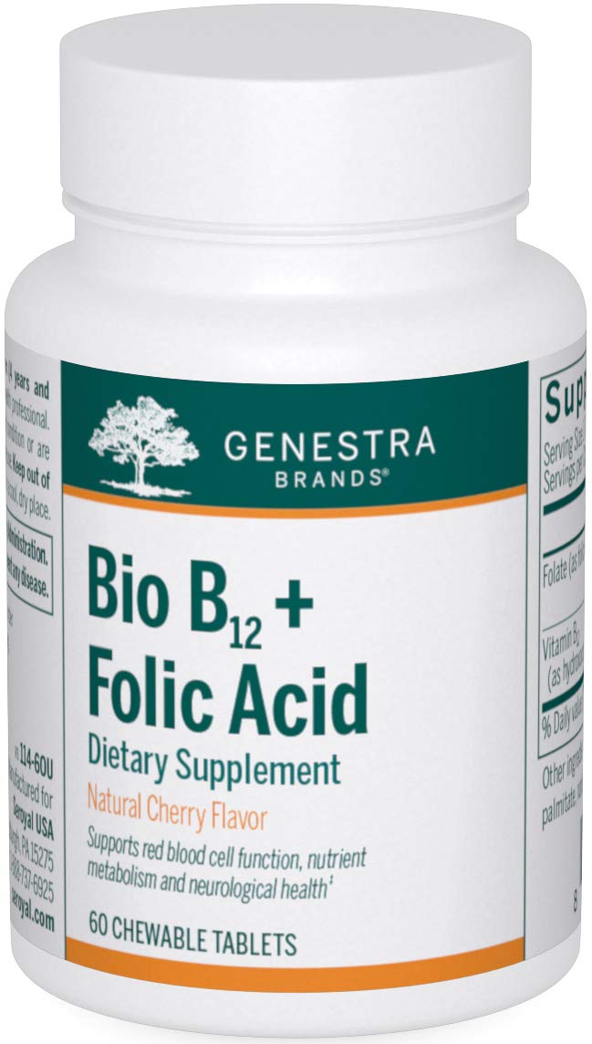 Front view of Genestra Bio B12 + Folic Acid chewable 60-count bottle