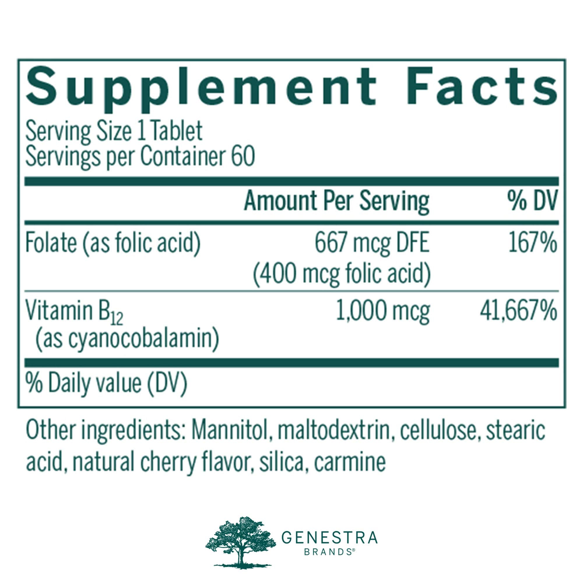 Label of Genestra Bio B12 + Folic Acid chewable tablets