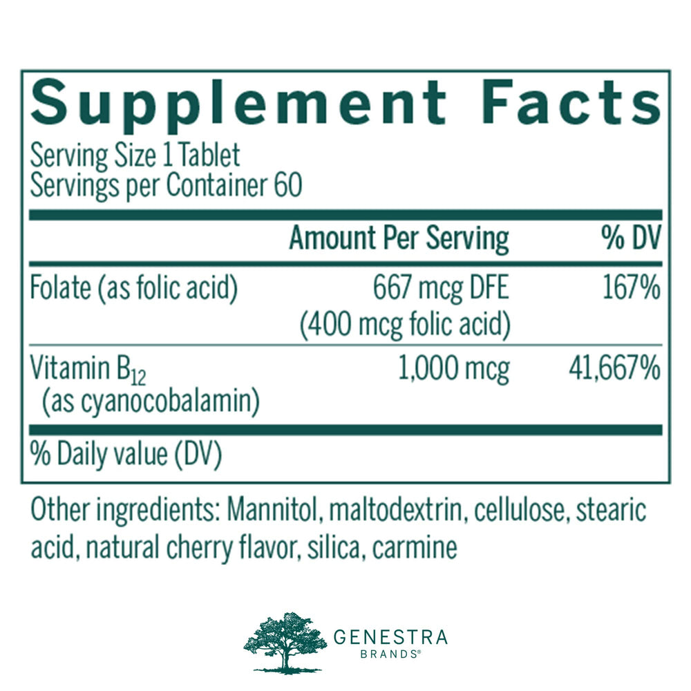 Label of Genestra Bio B12 + Folic Acid chewable tablets
