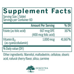 Label of Genestra Bio B12 + Folic Acid chewable tablets