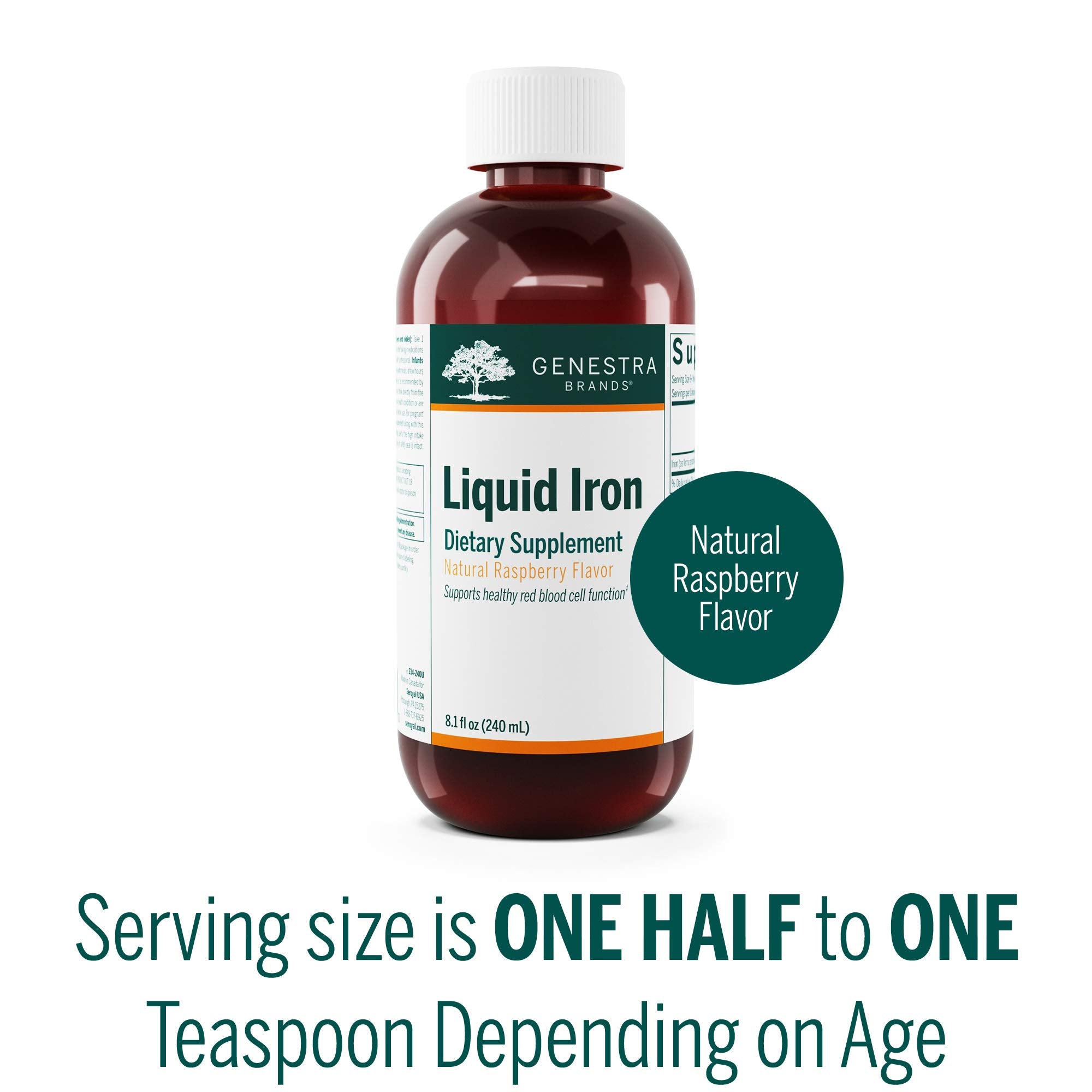 Genestra Liquid Iron raspberry flavor bottle close-up