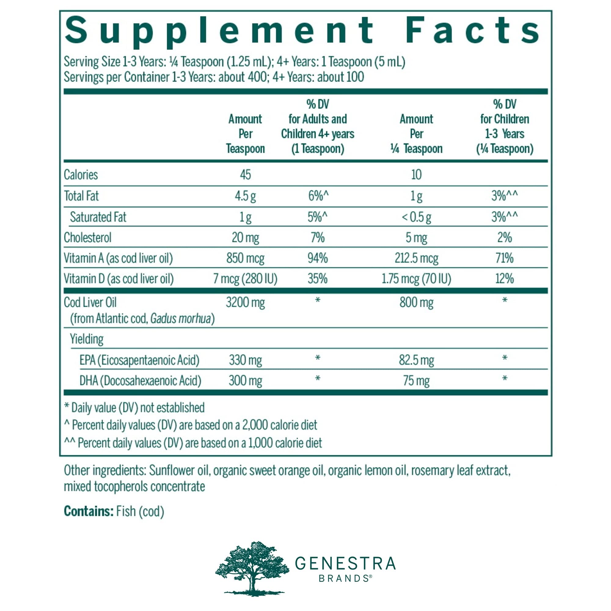 Close-up of Genestra Cod Liver Oil Forte 16.9 fl oz bottle