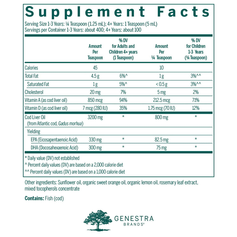 Close-up of Genestra Cod Liver Oil Forte 16.9 fl oz bottle