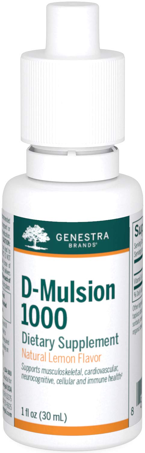 Front view of Genestra D-Mulsion 1000 IU lemon drops bottle