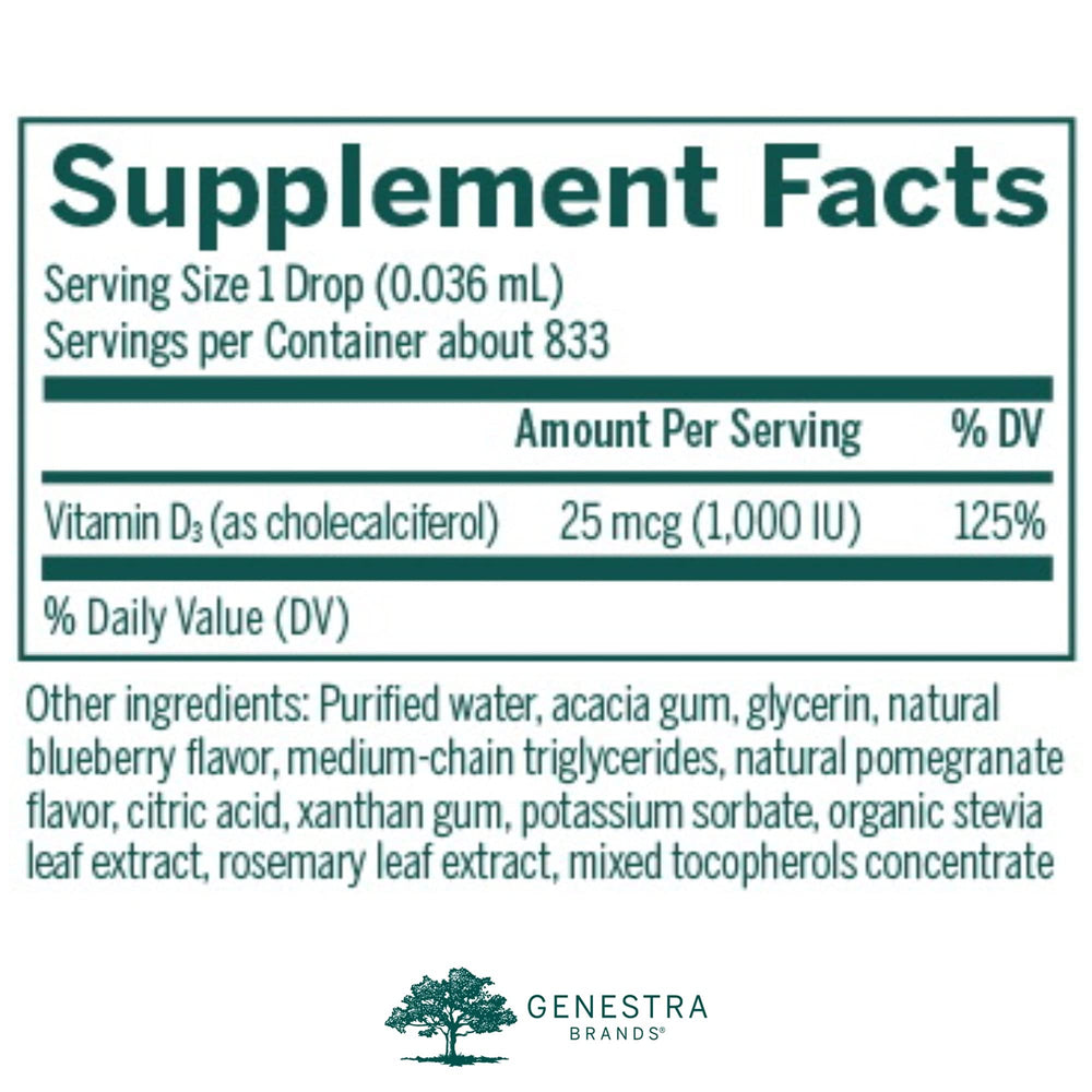 Label of Genestra D-Mulsion 1000 liquid vitamin D drops