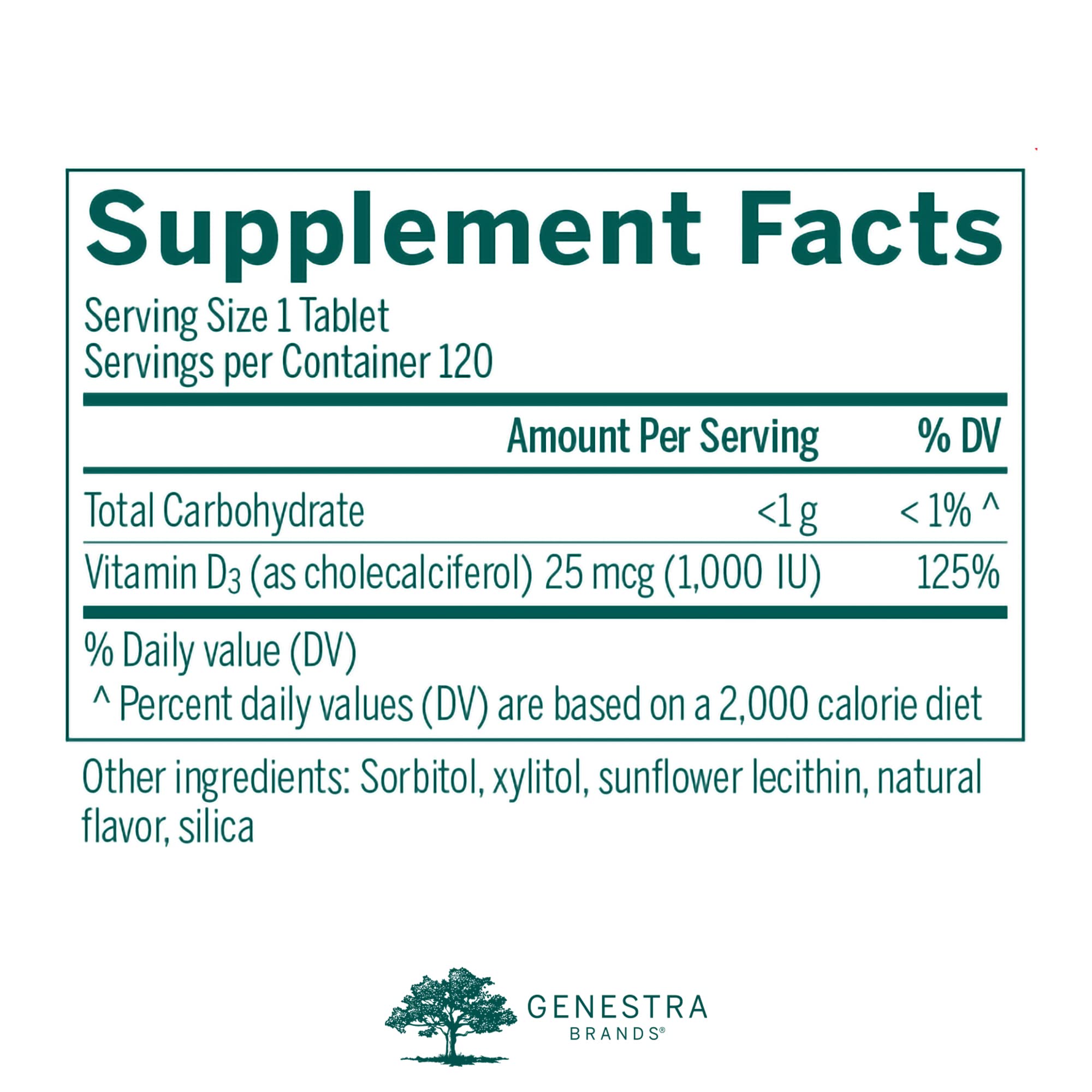 Close-up view of Genestra D3 1000 chewable tablets
