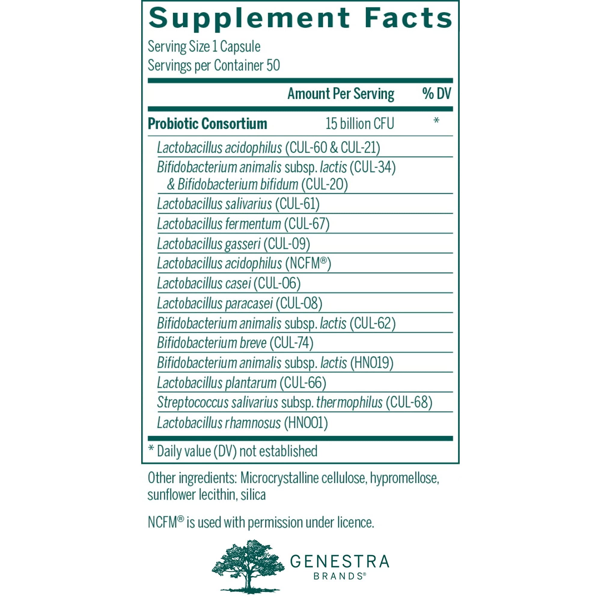 Close-up of a shelf-stable Genestra probiotic capsule