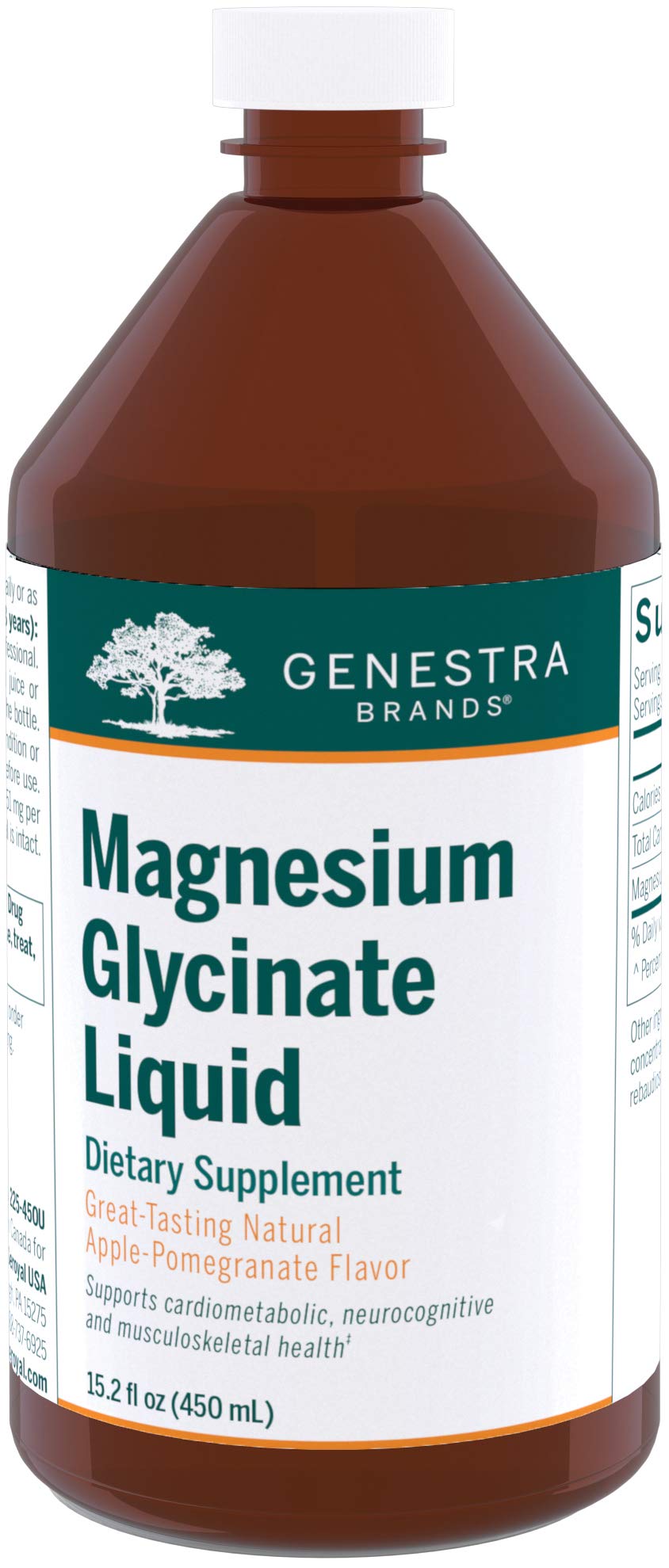 Bottle of Genestra Magnesium Glycinate Liquid Apple Pomegranate flavor