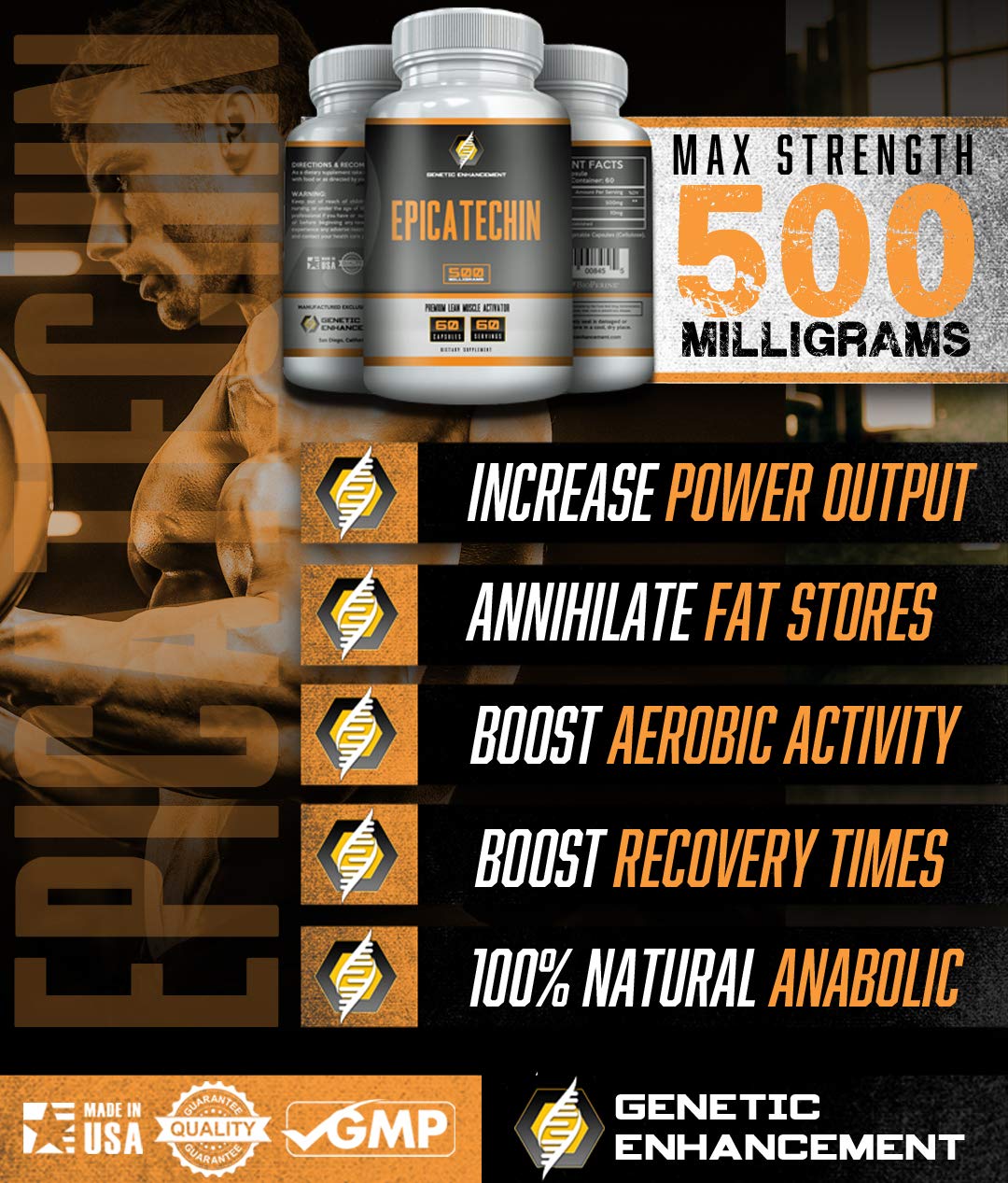 Genetic Enhancement Epicatechin bottle pour demonstrates easy daily dosing for muscle support