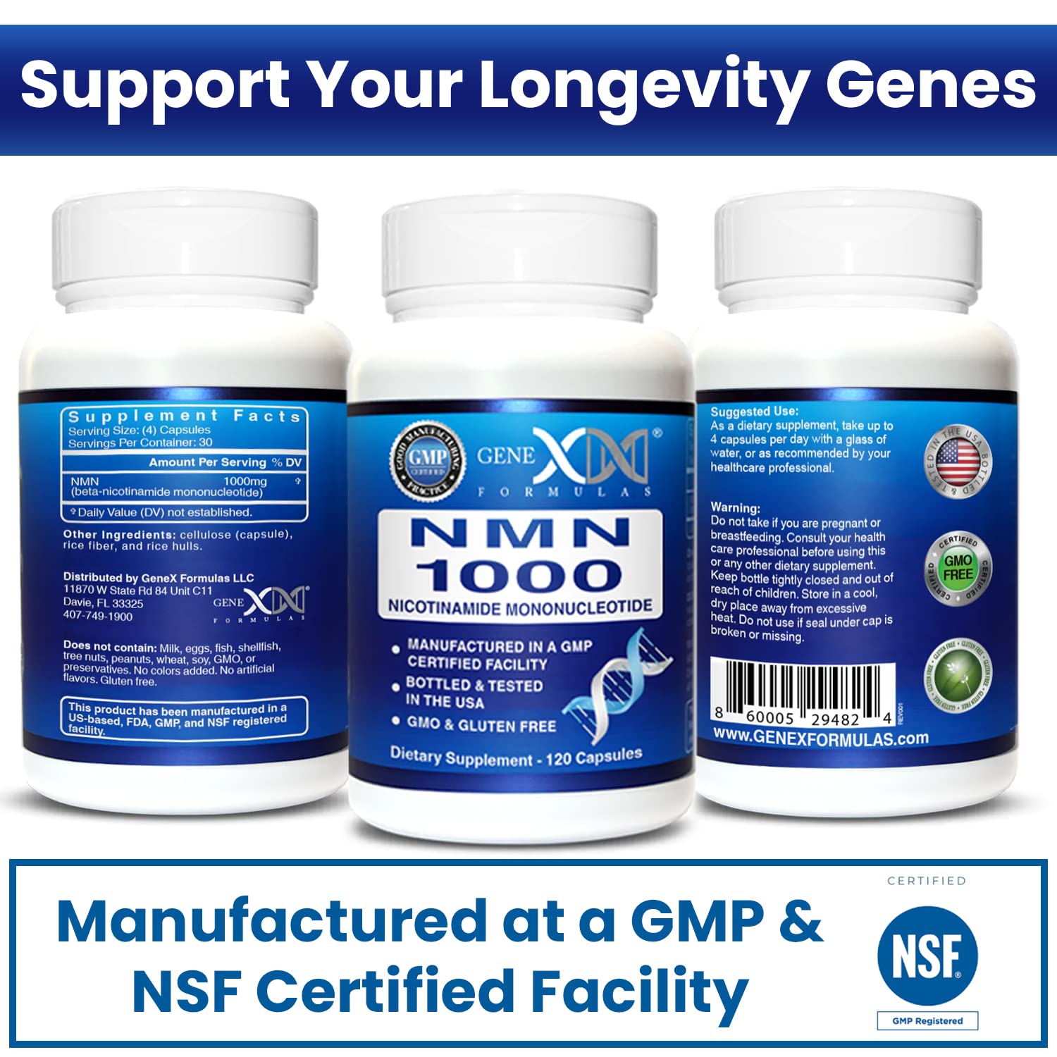 Ingredients and supplement facts panel for Genex NMN 1000mg