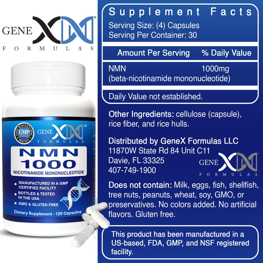 Product label showing Genex Formulas NMN 1000mg