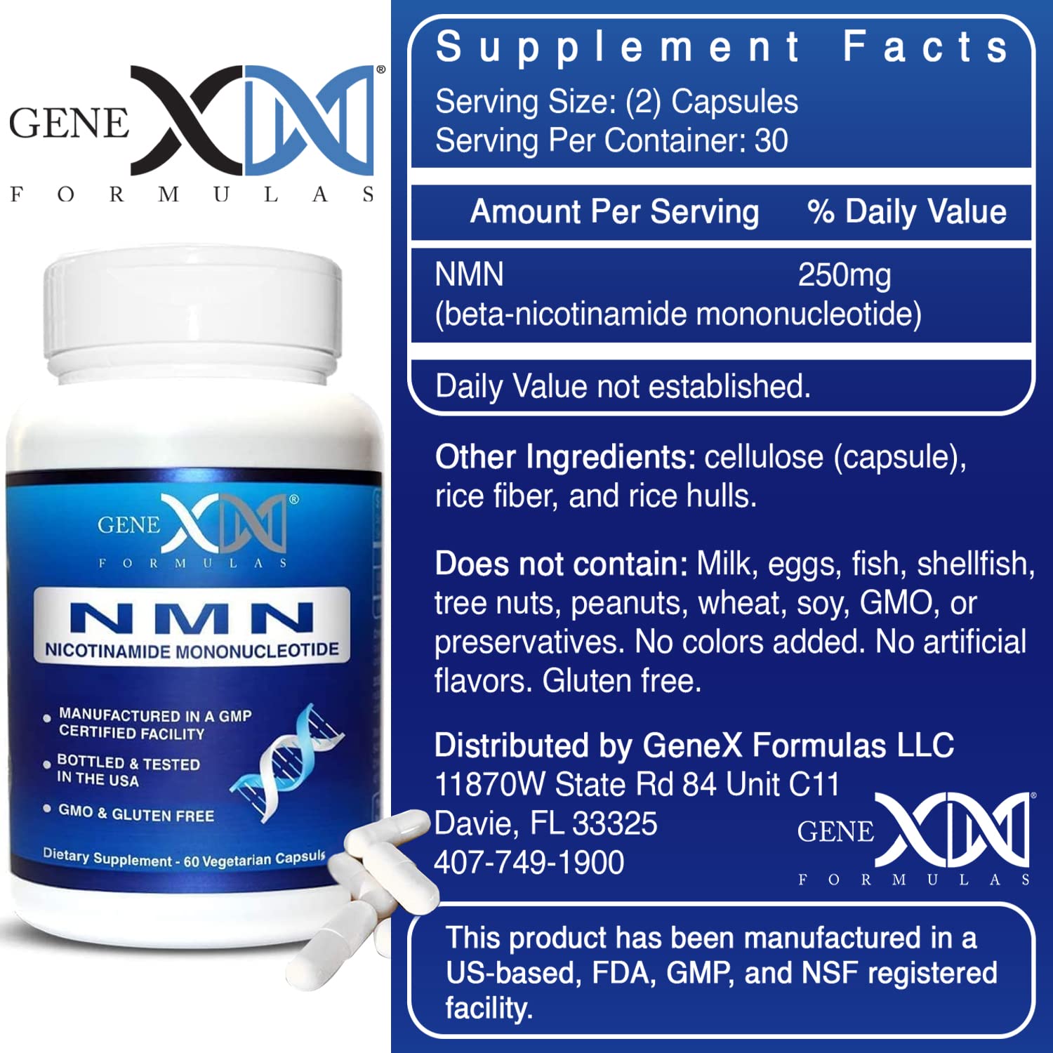 NMN bottle label showing 99% purity and COA availability
