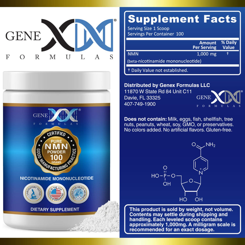 Genex NMN powder 100 g label close-up