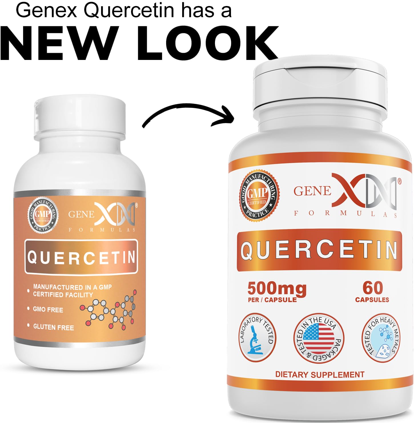 Close-up of Genex Quercetin 500mg capsules in bottle