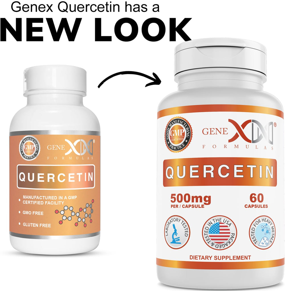 Close-up of Genex Quercetin 500mg capsules in bottle