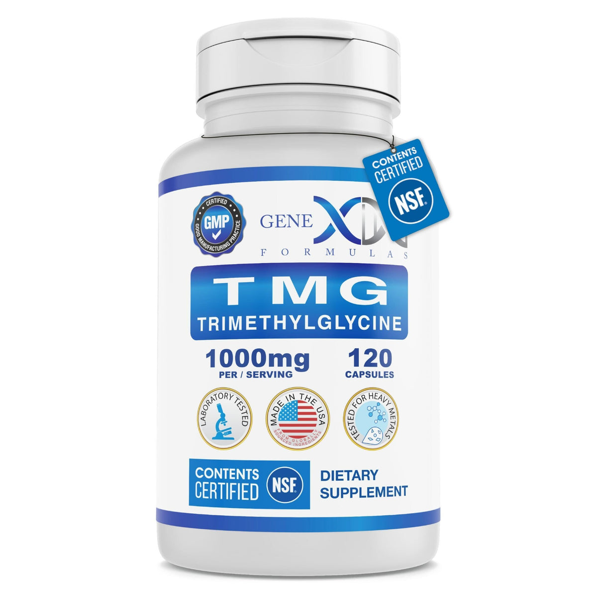 Genex TMG 1000mg bottle and capsules front view