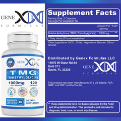 NSF certification label and supplement facts for Genex TMG 1000mg