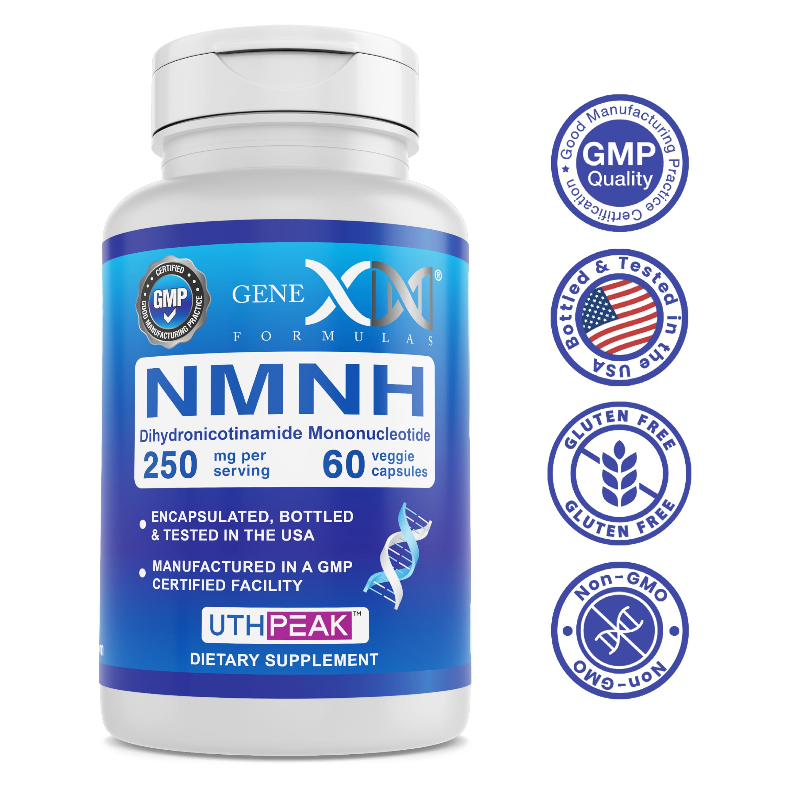 Genex NMNH bottle close-up showing 60 capsules