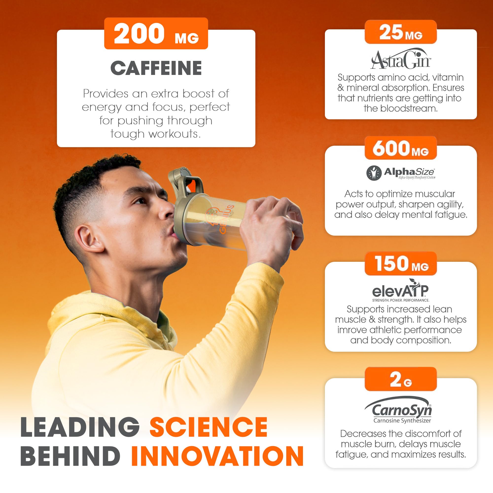 Genius Brand Energized Pre-Workout pour water scene demonstrates smooth mixing for sustained energy.