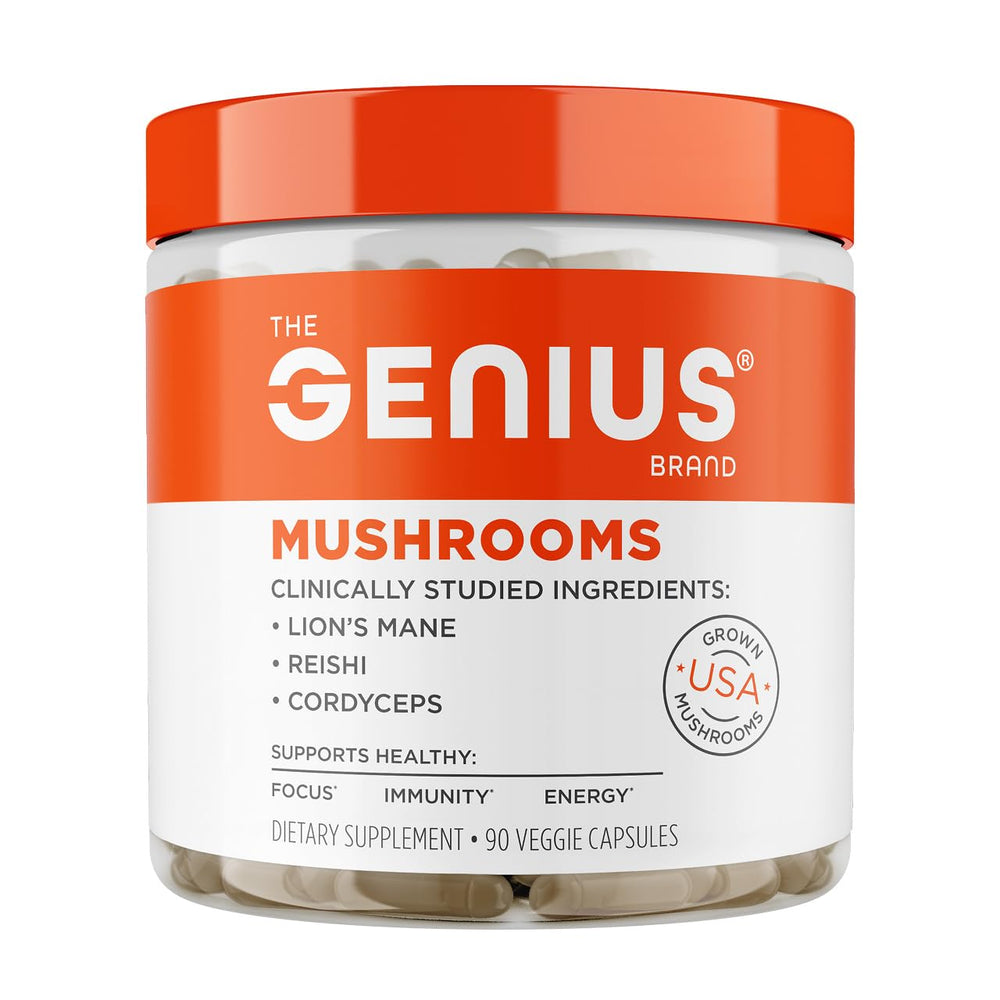 The Genius Brand Genius Mushrooms bottle with Lion's Mane for clear focus.