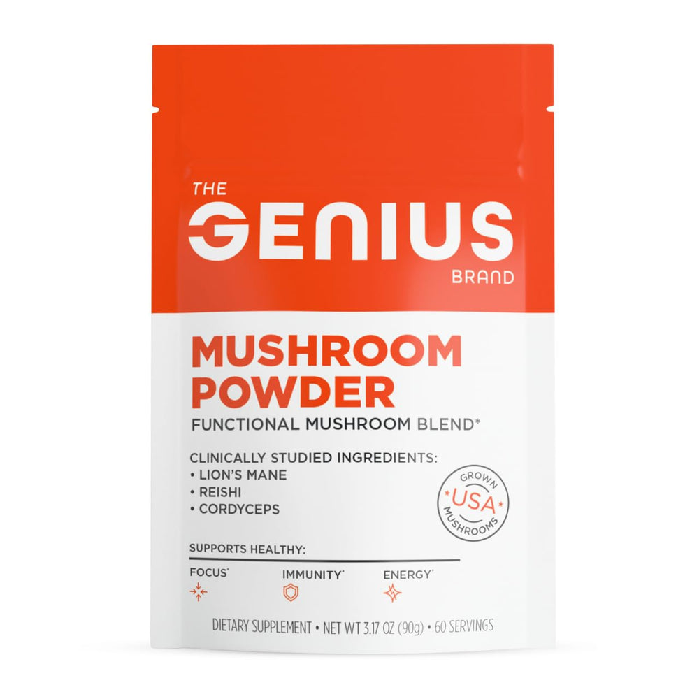 Genius Brand Mushroom Powder jar with USDA Organic label