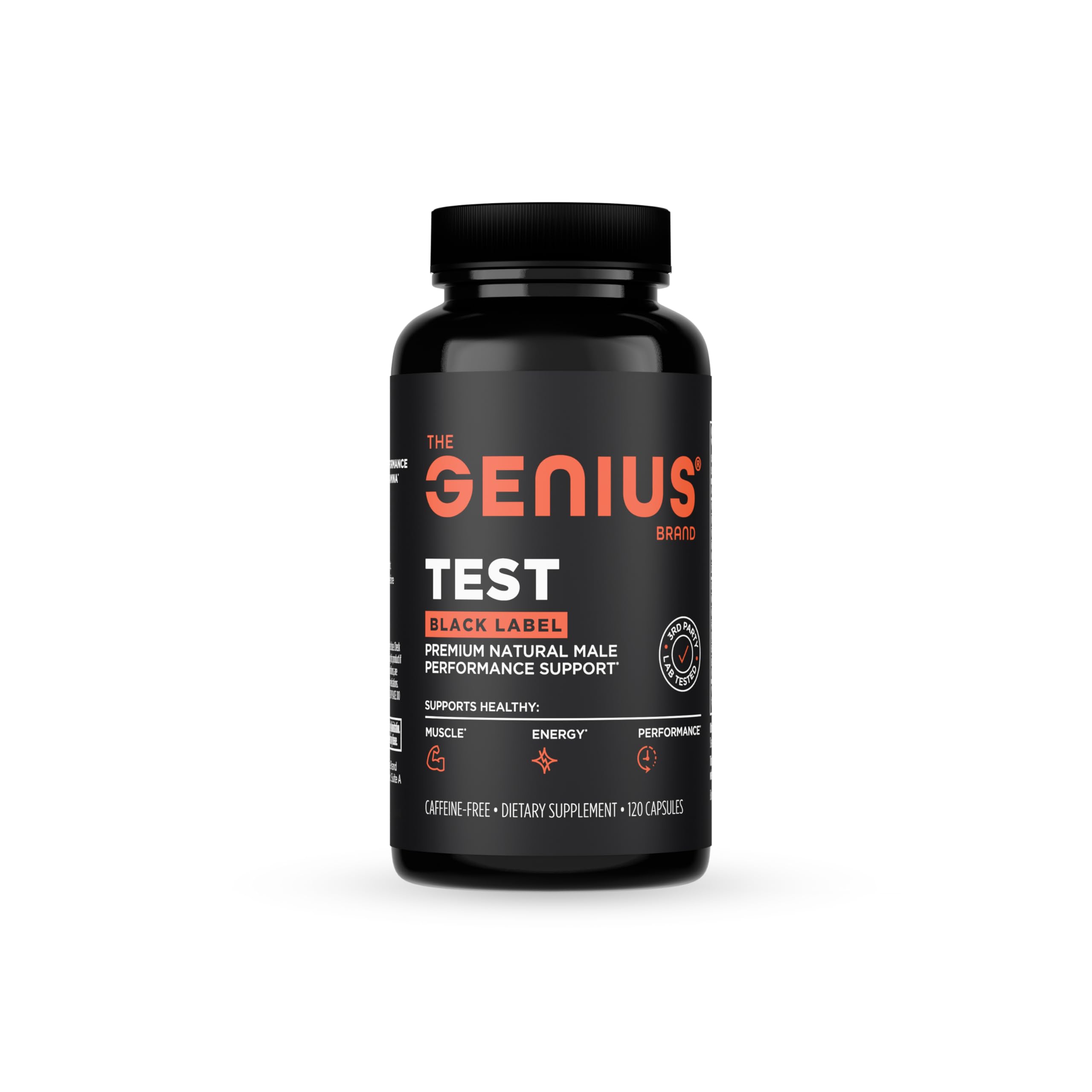 The Genius Brand Test Black Label bottle with 120 capsules