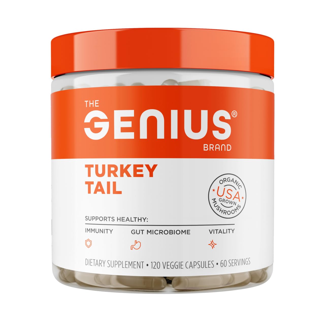 Genius Brand Turkey Tail bottle front view with 120 vegan capsules