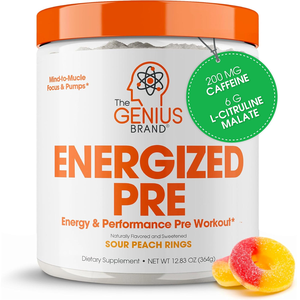Genius Energized Pre Workout powder container – Sour Peach Rings flavor