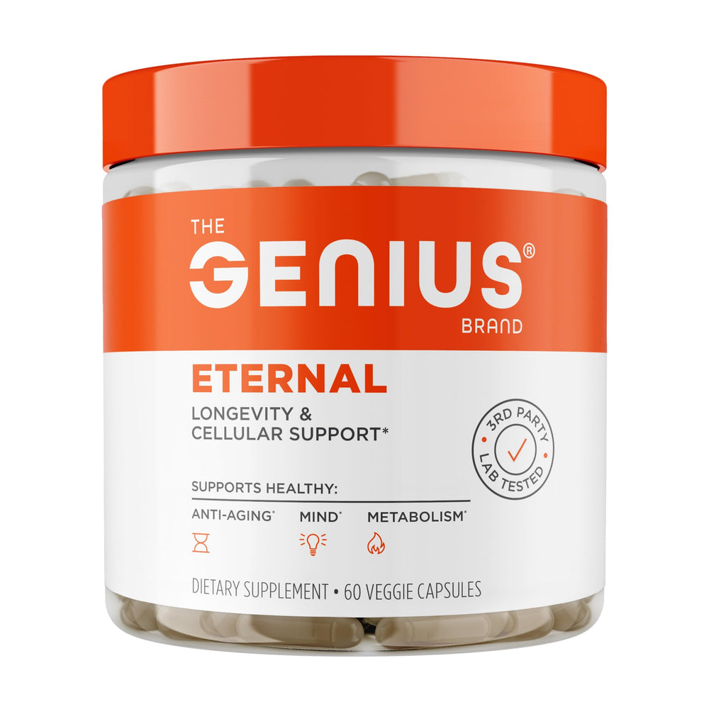 Genius Eternal anti-aging supplement bottle on display