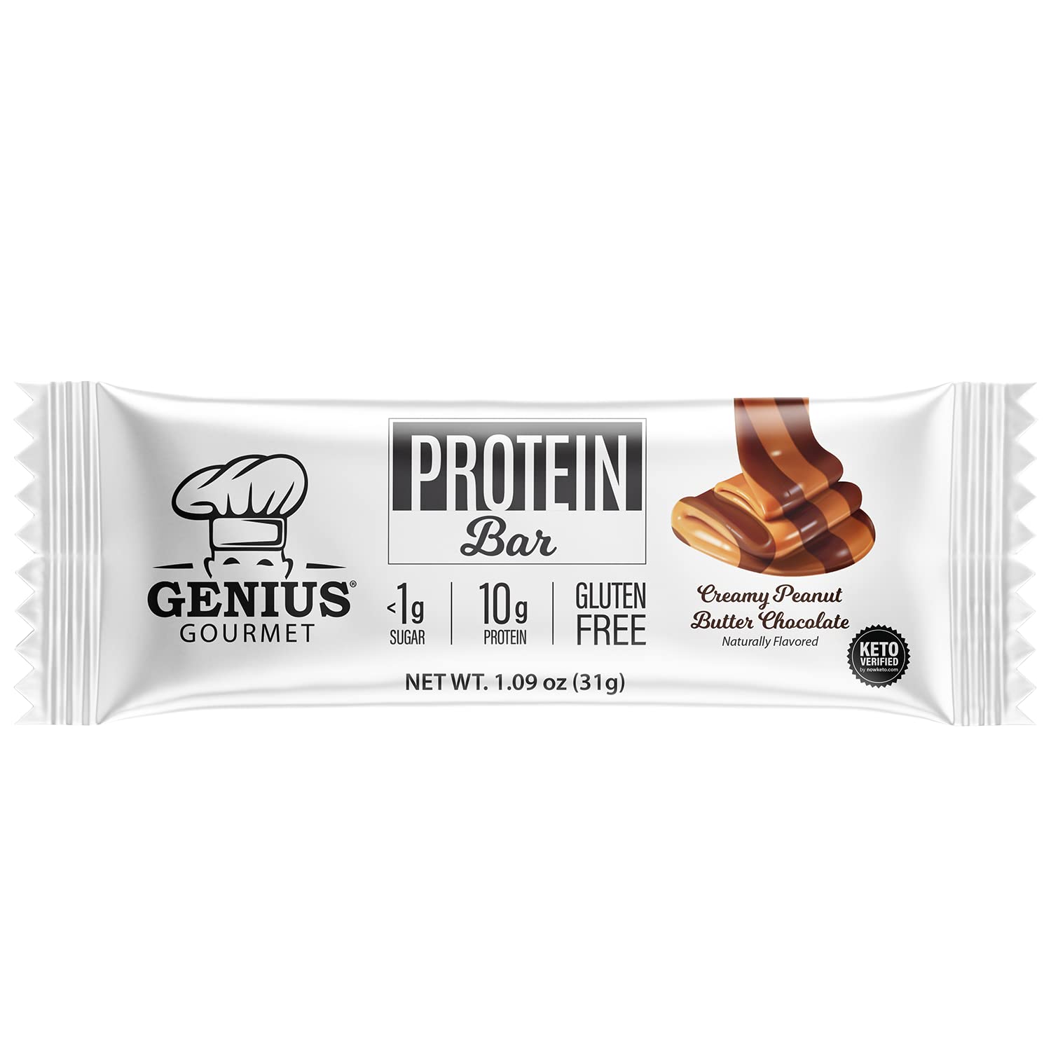 Genius Gourmet Chocolate Peanut Butter Protein Bar – gluten free, low carb, low sugar, 10 count