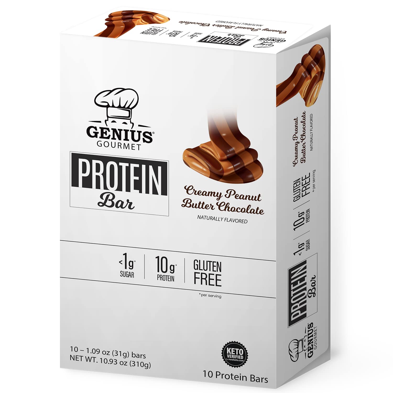 Close-up of Genius Gourmet Protein Bar wrapper showing nutrition highlights