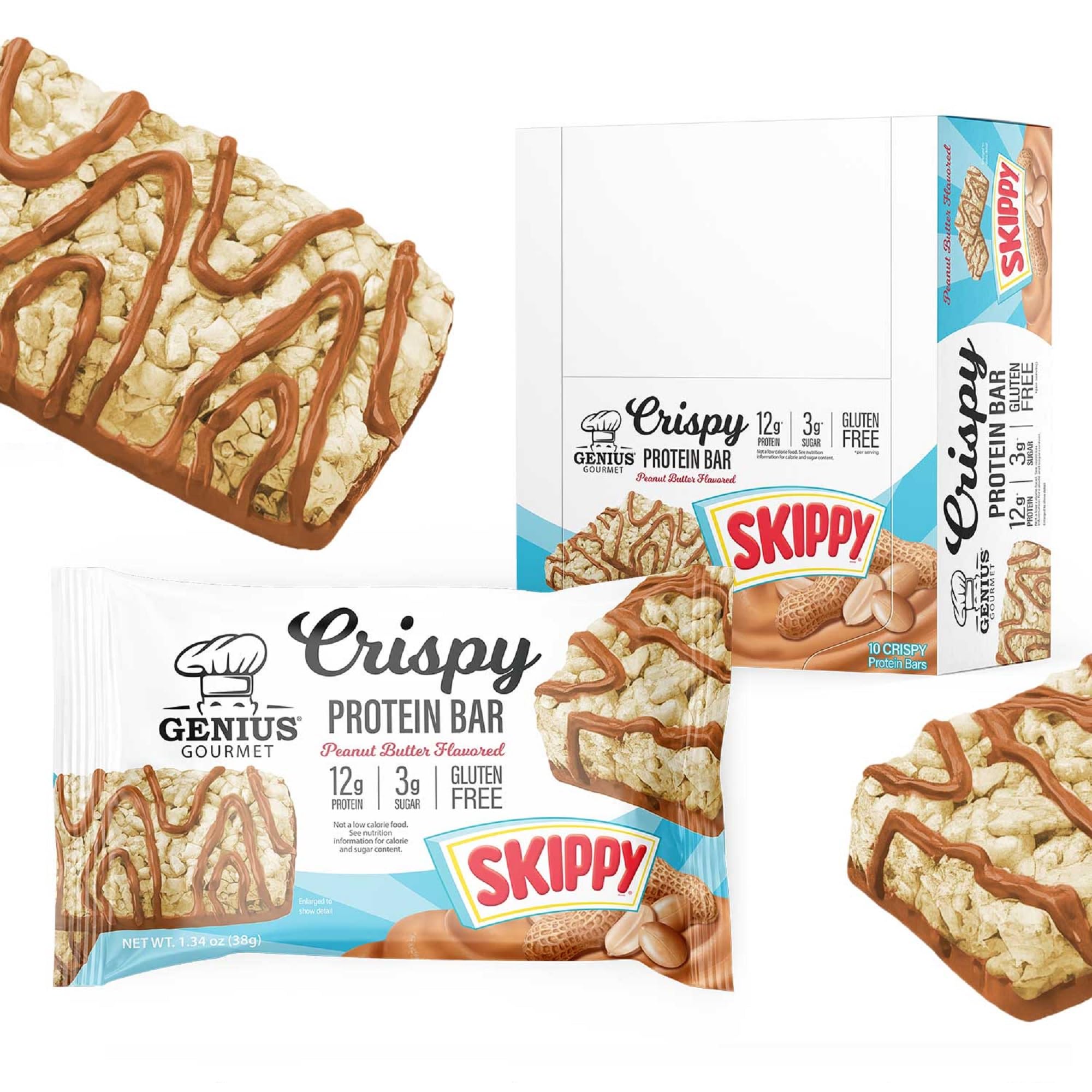 Front view of Genius Gourmet SKIPPY Peanut Butter Flavored Crispy Protein Bars packaging