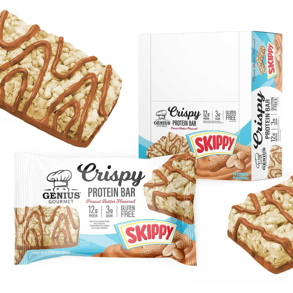 Front view of Genius Gourmet SKIPPY Peanut Butter Flavored Crispy Protein Bars packaging