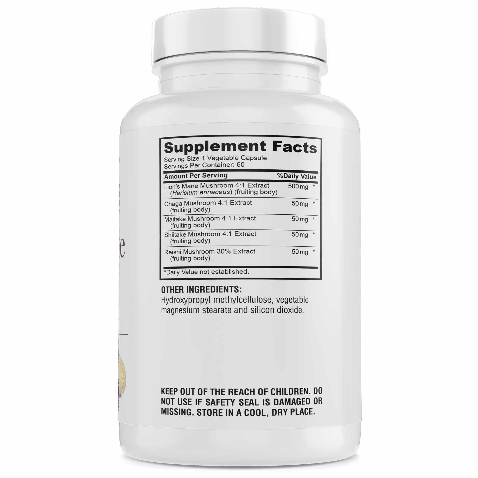 Lions Mane, Chaga, Maitake, Shiitake and Reishi mushrooms used in the supplement
