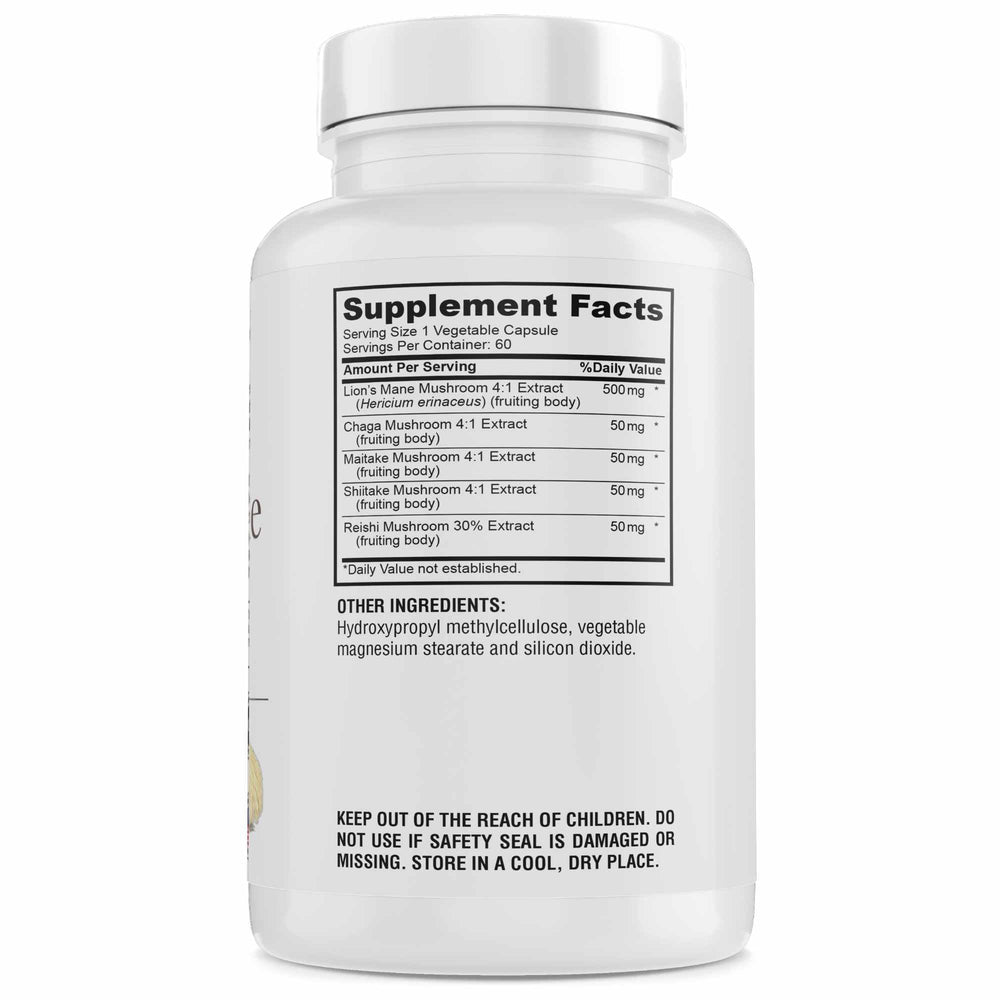 Lions Mane, Chaga, Maitake, Shiitake and Reishi mushrooms used in the supplement