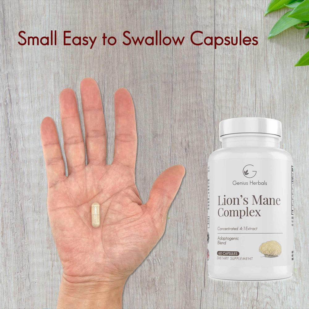 Close-up of the 60-capsule bottle of Genius Herbals Lions Mane Complex