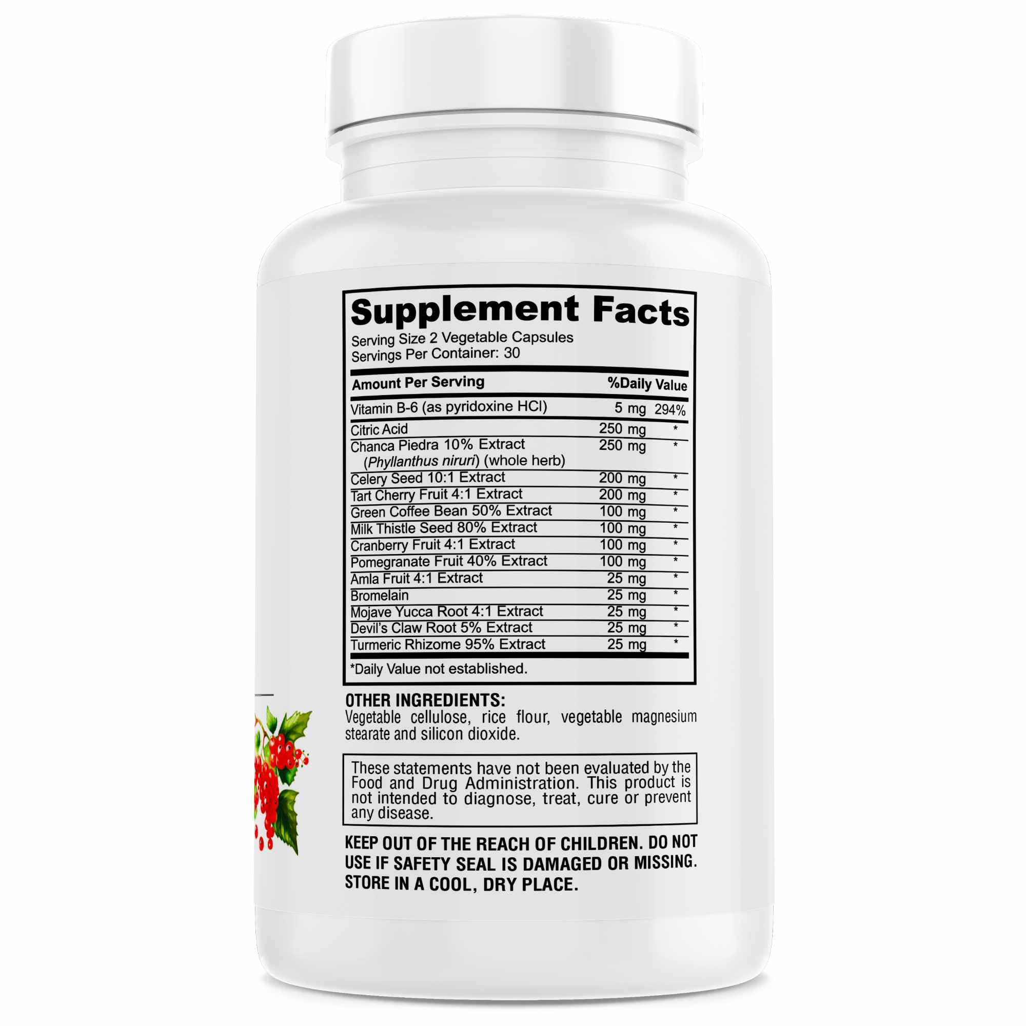 Genius Herbals Uric Acid Cleanse bottle back lists ingredients and usage for balanced uric acid