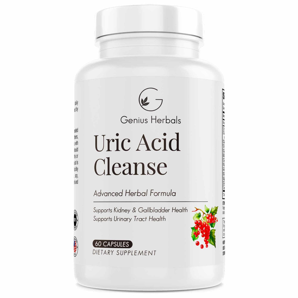 Genius Herbals Uric Acid Cleanse bottle front shows premium herbal formula for urinary tract support