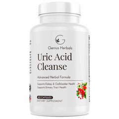 Genius Herbals Uric Acid Cleanse bottle front shows premium herbal formula for urinary tract support