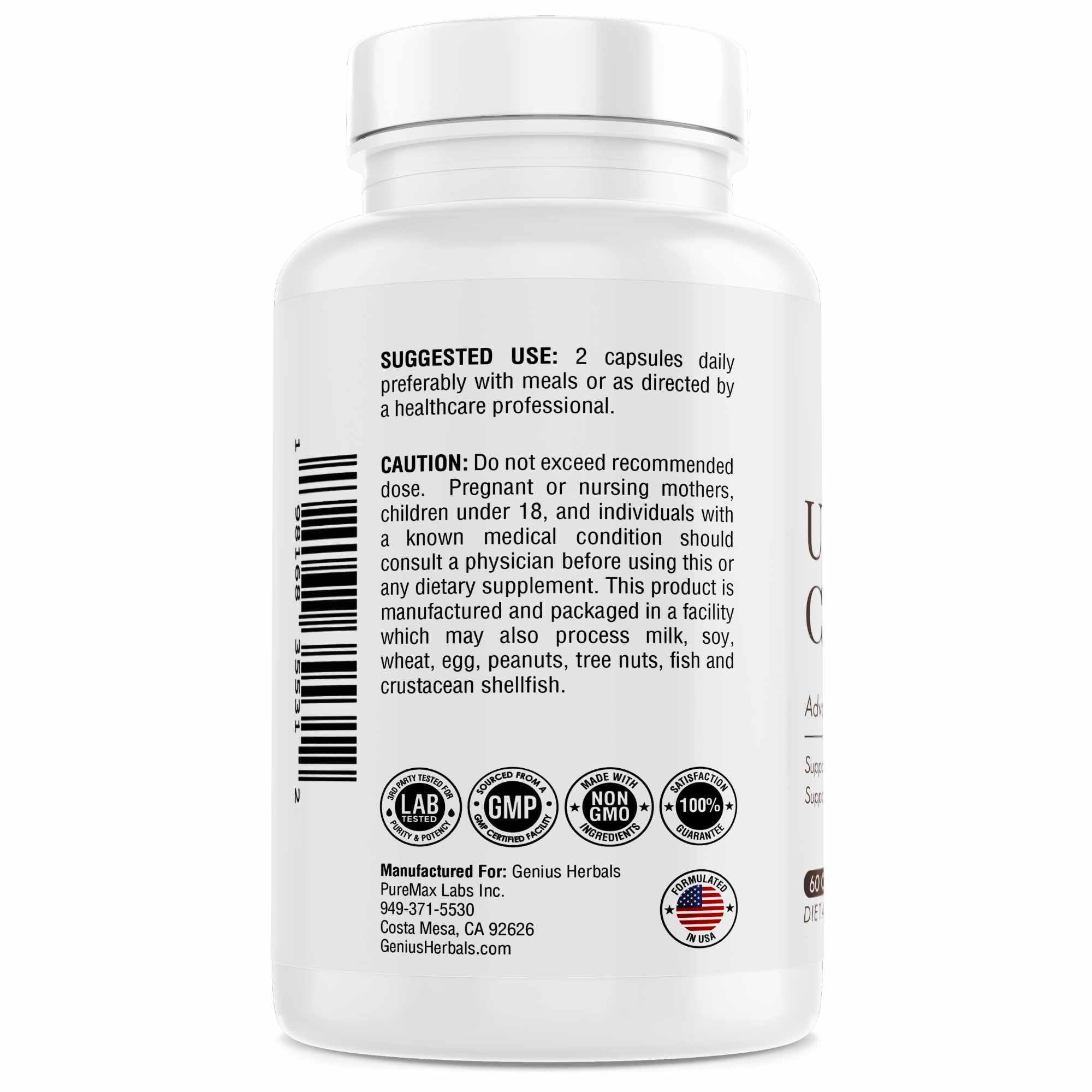 Genius Herbals Uric Acid Cleanse label highlights cranberry, chanca piedra, and tart cherry benefits