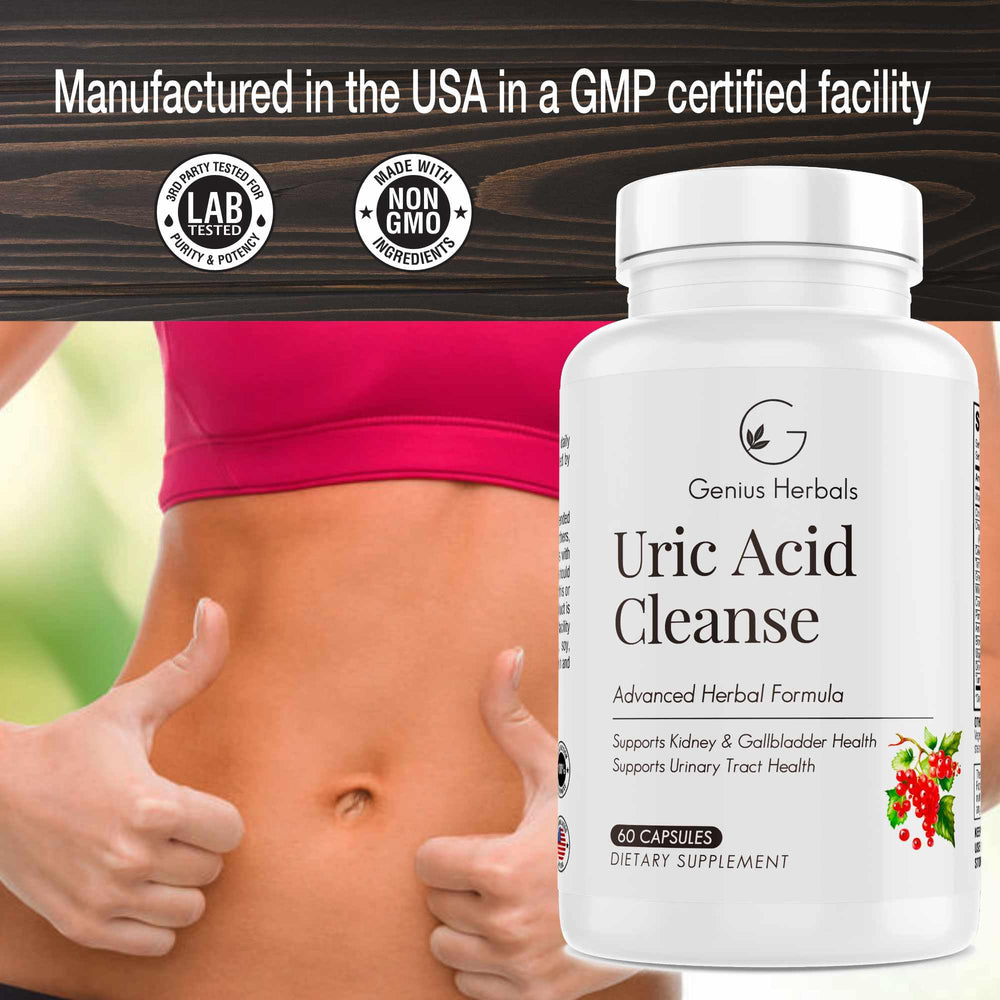 Genius Herbals Uric Acid Cleanse pills closeup emphasizes concentrated herbal extracts