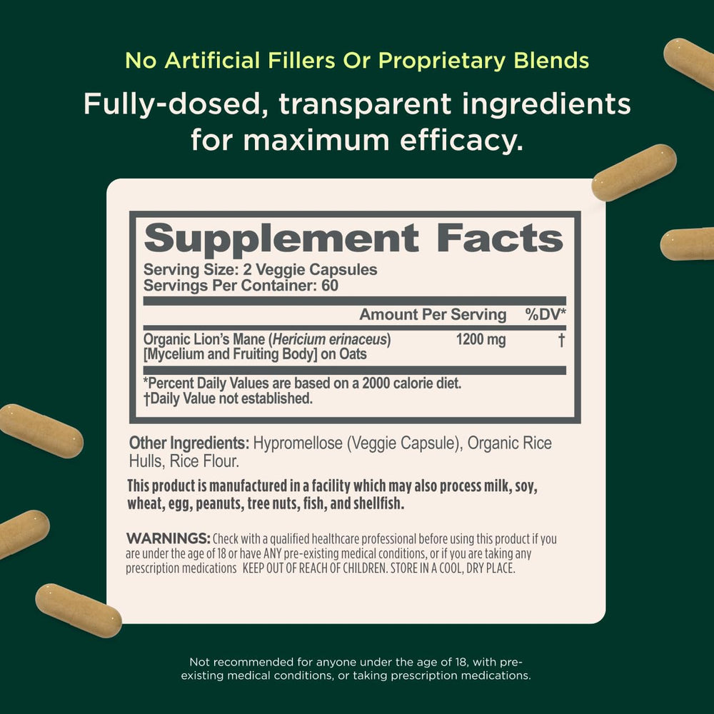Full-spectrum organic lion's mane mushrooms used in the supplement