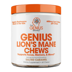 Front view of Genius Lion's Mane Soft Chews Salted Caramel packaging