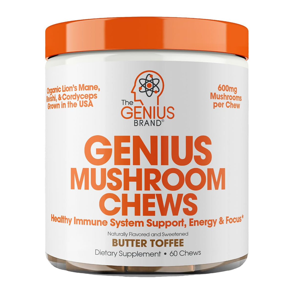 Front view of Genius Mushroom Chews bottle with Butter Toffee flavor