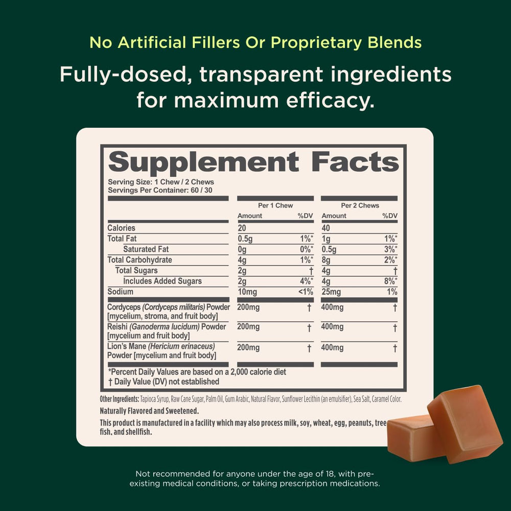 Close-up of ingredients on Genius Mushroom Chews label