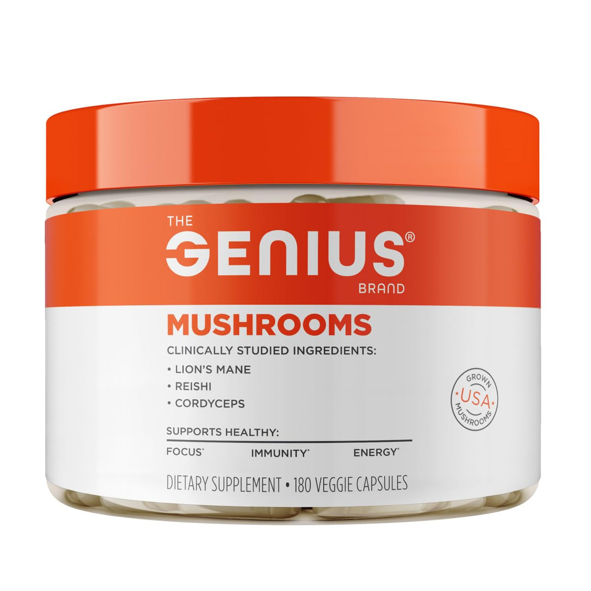 Hero image of Genius Mushroom Supplement bottle featuring Lion's Mane, Cordyceps, and Reishi